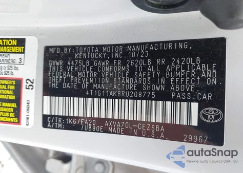 2024 Toyota Camry Se из США, поврежденный, VIN 4T1G11AK8RU208775